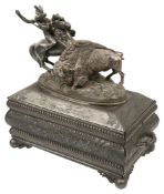 A late 19th century Meriden Britannia metal tabletop humidor mounted with the 'The Buffalo Hunt' Aft