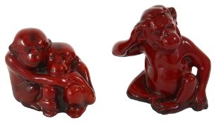 Two Royal Doulton Flambe monkey figure groups