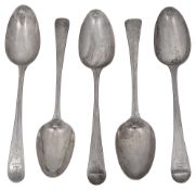 Five matched George III bright cut Old English pattern tablespoons