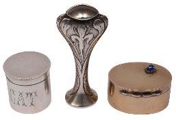 A late Victorian silver-gilt pill box, an Irish oil stock and an Art Nouveau desk seal