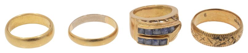 22ct band, two 18ct bands and sapphire ring