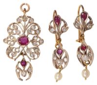 A ruby and diamond-set pendant and a pair of ear pendants