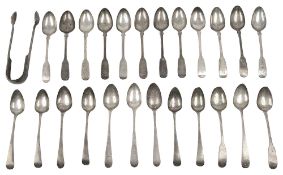A set of twelve William IV Scottish fiddle pattern teaspoons and a pair of sugar tongs and various a