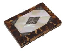 An ealry Victorian tortoisehell, mother of pearl, abalone and silver veneered card case