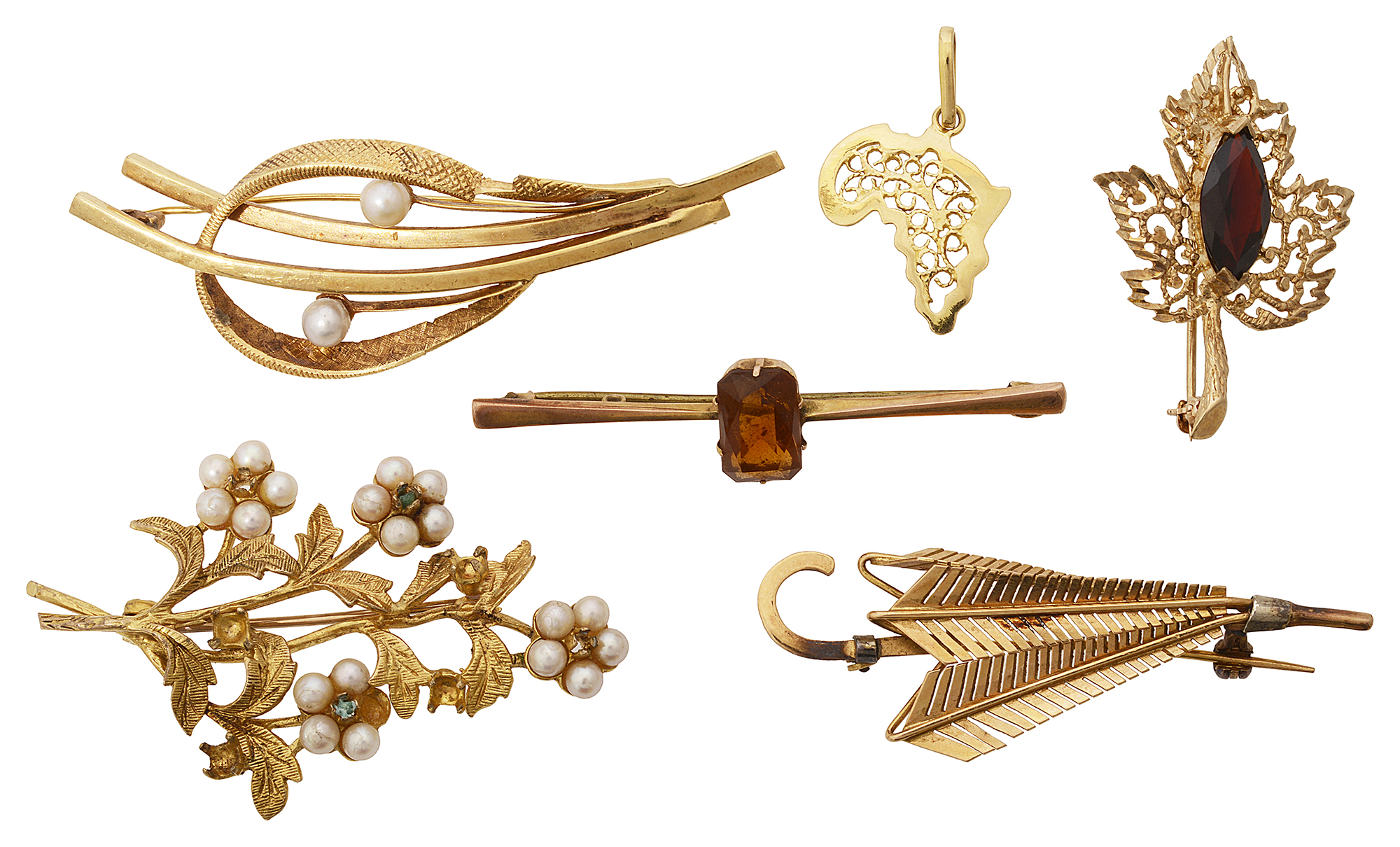 A small collection of assorted 18ct and 9ct brooches and pendant