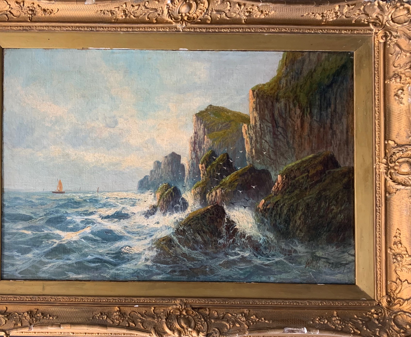 British School, 'Rocky Coastline with Fishing Boats' oil on canvas - Image 3 of 4