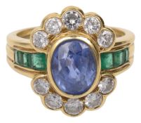 A sapphire, diamond, emerald and 18ct yellow gold ring