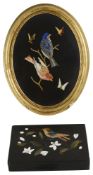 A Pietra Dura 'Bird' wall plaque together with a Pietra Dura desk weight