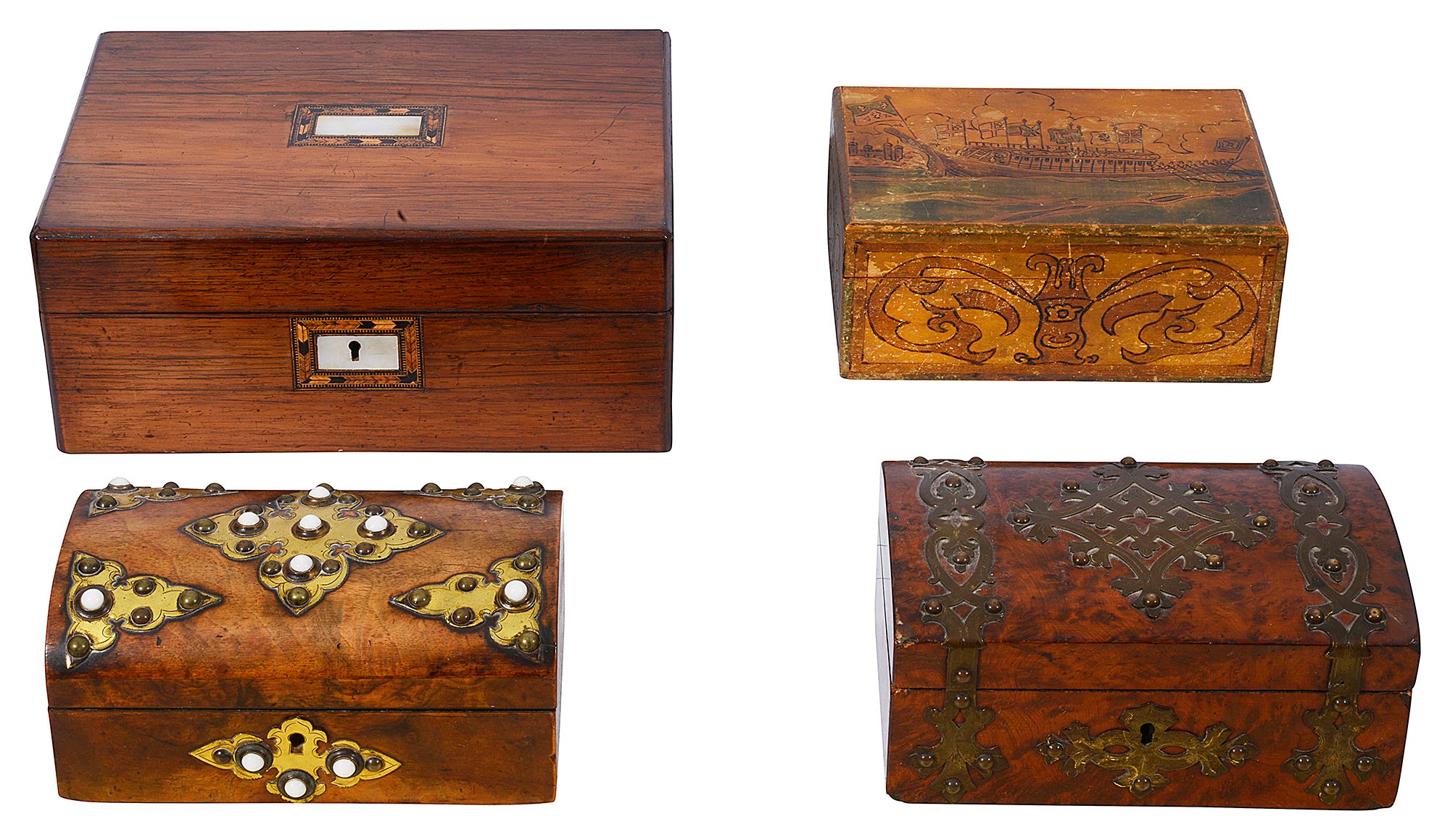 A Victorian amboyna domed box with brass mounts and three others