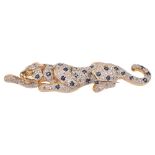 A Continental 9ct gold diamond and sapphire leopard brooch