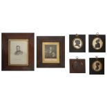Three 19th century century silhouette portraits, a bronze portrait medallion and an engraving of Sir