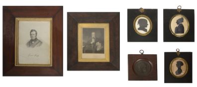 Three 19th century century silhouette portraits, a bronze portrait medallion and an engraving of Sir