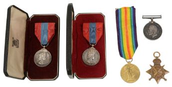 A WWI Mons star four medal group awarded to M 32580 Pte William George Brown