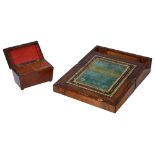 A Victorian figured walnut and parquetry banded writing slope and a caddy