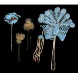 A Chinese silver and kingfisher feather headpiece, hair ornaments (4)