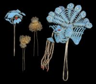 A Chinese silver and kingfisher feather headpiece, hair ornaments (4)