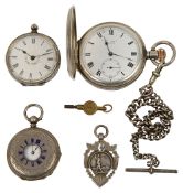 A silver full hunter keyless pocket watch and Albert curblink watch chain, a silver half hunter poc