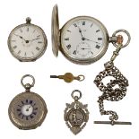 A silver full hunter keyless pocket watch and Albert curblink watch chain, a silver half hunter poc