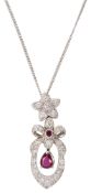 A ruby and diamond-set pendant on chain