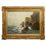 British School, 'Rocky Coastline with Fishing Boats' oil on canvas