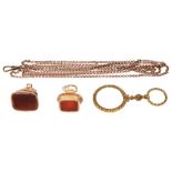 A 19th century gold and carnelian seal fob and another etc..