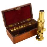 A Victorian brass drum microscope