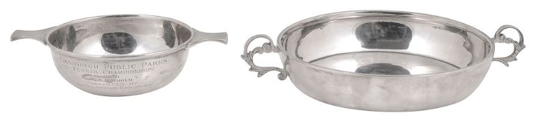 A George V small silver presentation quaich and a modern twin handled silver dish