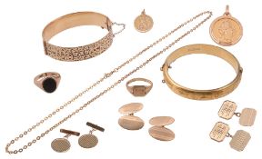 Three pairs of 9ct gold cufflinks, a chain, two rings and a pendant