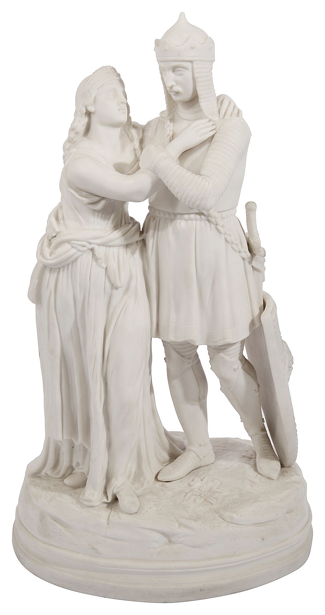 A late 19th century Parian figure group of a knight and lady