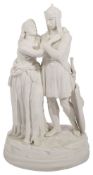 A late 19th century Parian figure group of a knight and lady