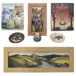 A collection of Moorcroft including a large and a small Moorcroft plaque, two small dishes, a miniat