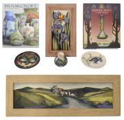 A collection of Moorcroft including a large and a small Moorcroft plaque, two small dishes, a miniat
