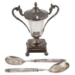 An early 19th century French .950 silver mounted cut glass mustard pot c.1830 and two French .800 si