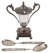 An early 19th century French .950 silver mounted cut glass mustard pot c.1830 and two French .800 si