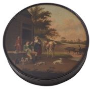 An early 19th century German black lacquer circular snuff box by W.Stockmann & Co. Brunswick c.1820