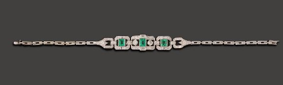 An emerald and diamond-set panel bracelet