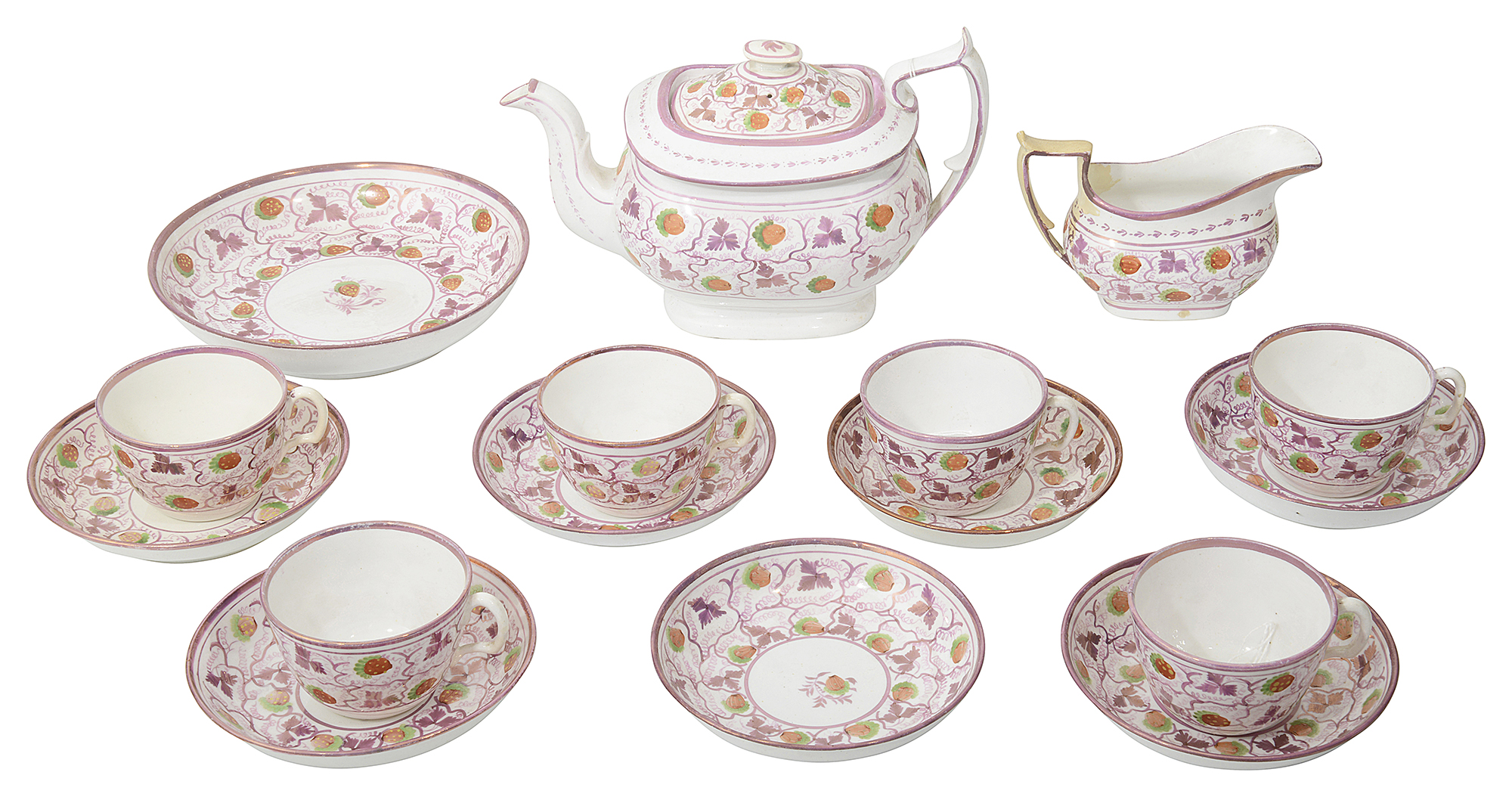 A Regency pink lustre Staffordshire 'strawberry' pattern part tea service