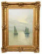 British School (early 20th century) 'Yachts Sailing on Tranquil Waters at Sunset'