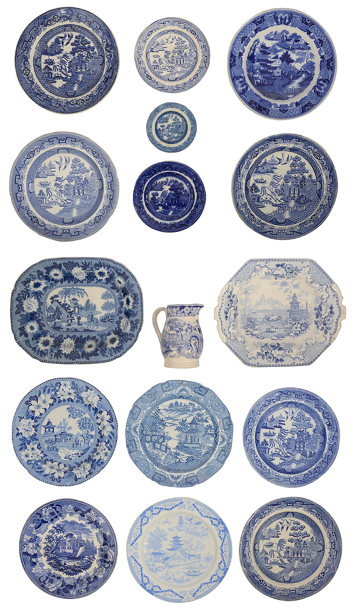 A collection of mostly early 19th century blue and white transfer decorated pearlware