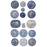 A collection of mostly early 19th century blue and white transfer decorated pearlware