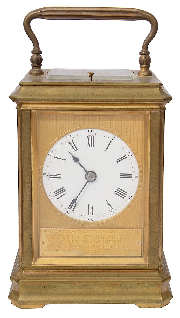 A large late 19th century French gilt brass cased repeating carriage clock - Image 3 of 5