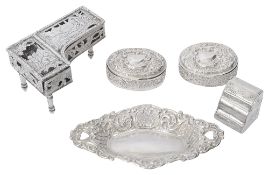 A Dutch silver miniature piano three silver boxes and a tray