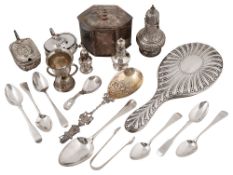 A George II shell fancy back tablespoon and a collection of silver to include a sugar caster, a spir