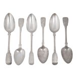 A set of six George IV silver fiddle pattern tablespoons