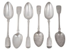 A set of six George IV silver fiddle pattern tablespoons