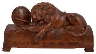 A carved musical model the Lion of Lucerne, after Bertel Thorvaldsen