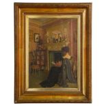 British School (early 20th century): 'An Interior Scene of a Lady Reading in front of a Fireplace',