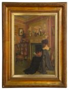 British School (early 20th century): 'An Interior Scene of a Lady Reading in front of a Fireplace',