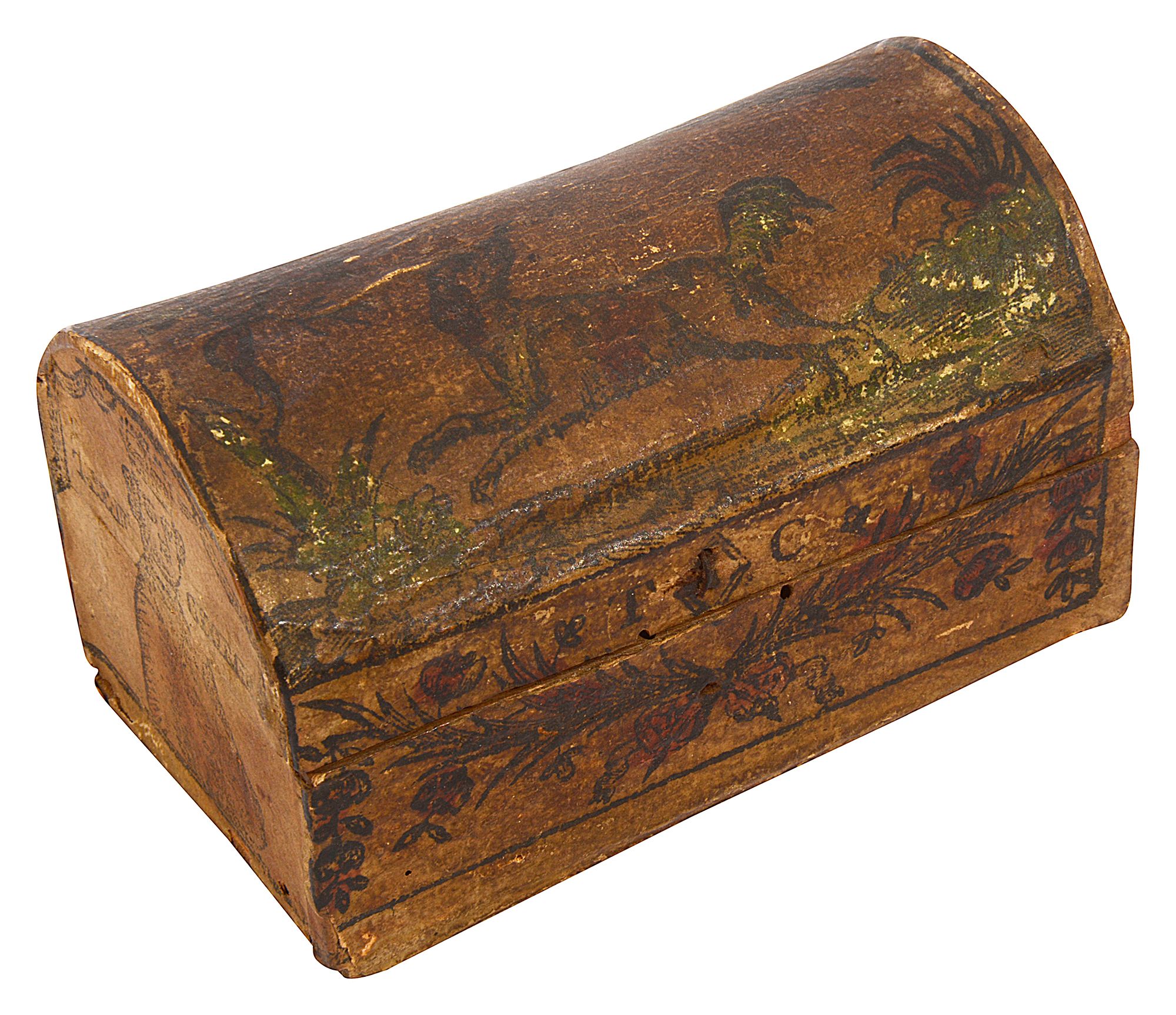 A George III miniature woodcut engraved paper covered wooden domed blanket chest