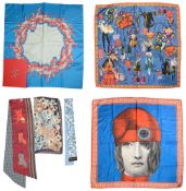 A Fornasetti 'Marianne' silk scarf and a collection of five fashion scarves and accessories